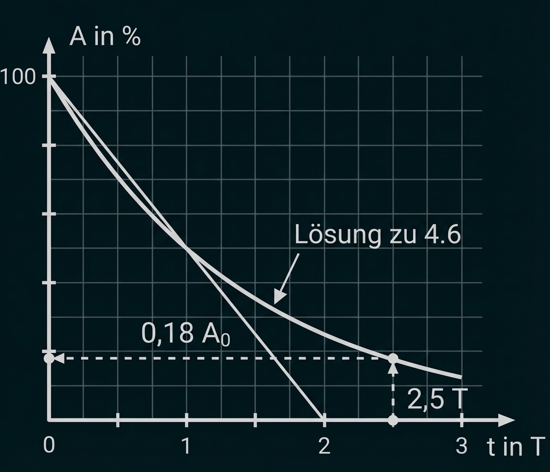 Graph mit zwei abklingenden Kurven, Achsen A in % und t in T, Markierungen 0,18 A0 und 2,5 T, Beschriftung "Lösung zu 4.6"